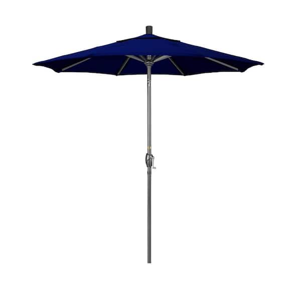 California Umbrella 7.5 ft. Grey Aluminum Market Push Button Tilt Crank Lift Patio Umbrella in True Blue Sunbrella