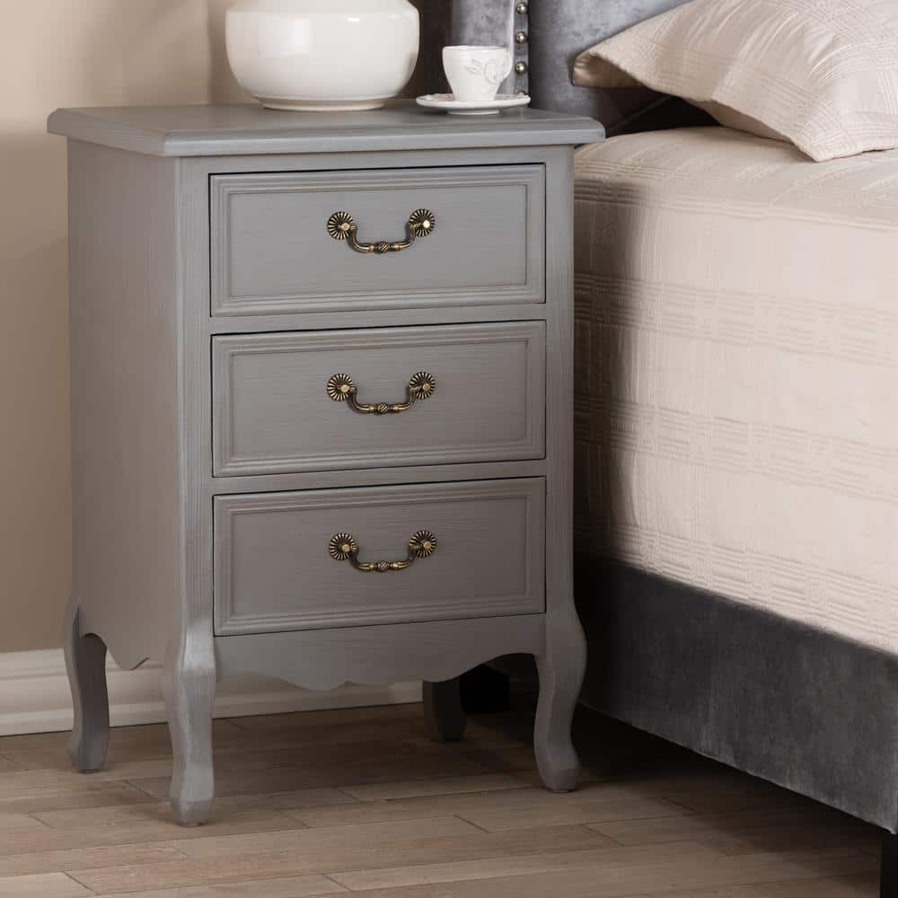 Gray Fir and Engineered Wood 3-Drawer Nightstand with Cabriole Legs