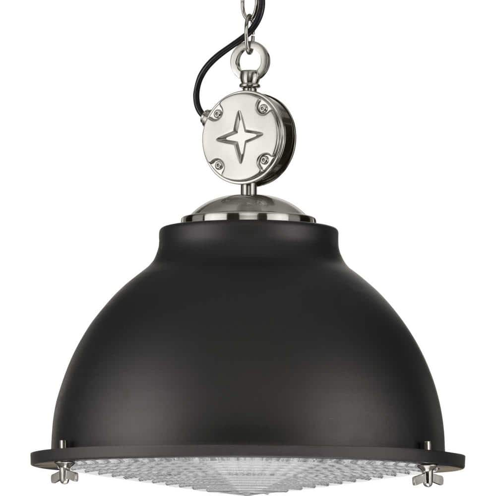 Graphite and Nickel Industrial Pendant Light with Prismatic Glass Shade
