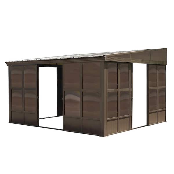10 ft. x 12 ft. Brown Aluminum Wall Mounted Sunroom with Galvanized Steel Roof, Removable PC Windows and Sliding Doors