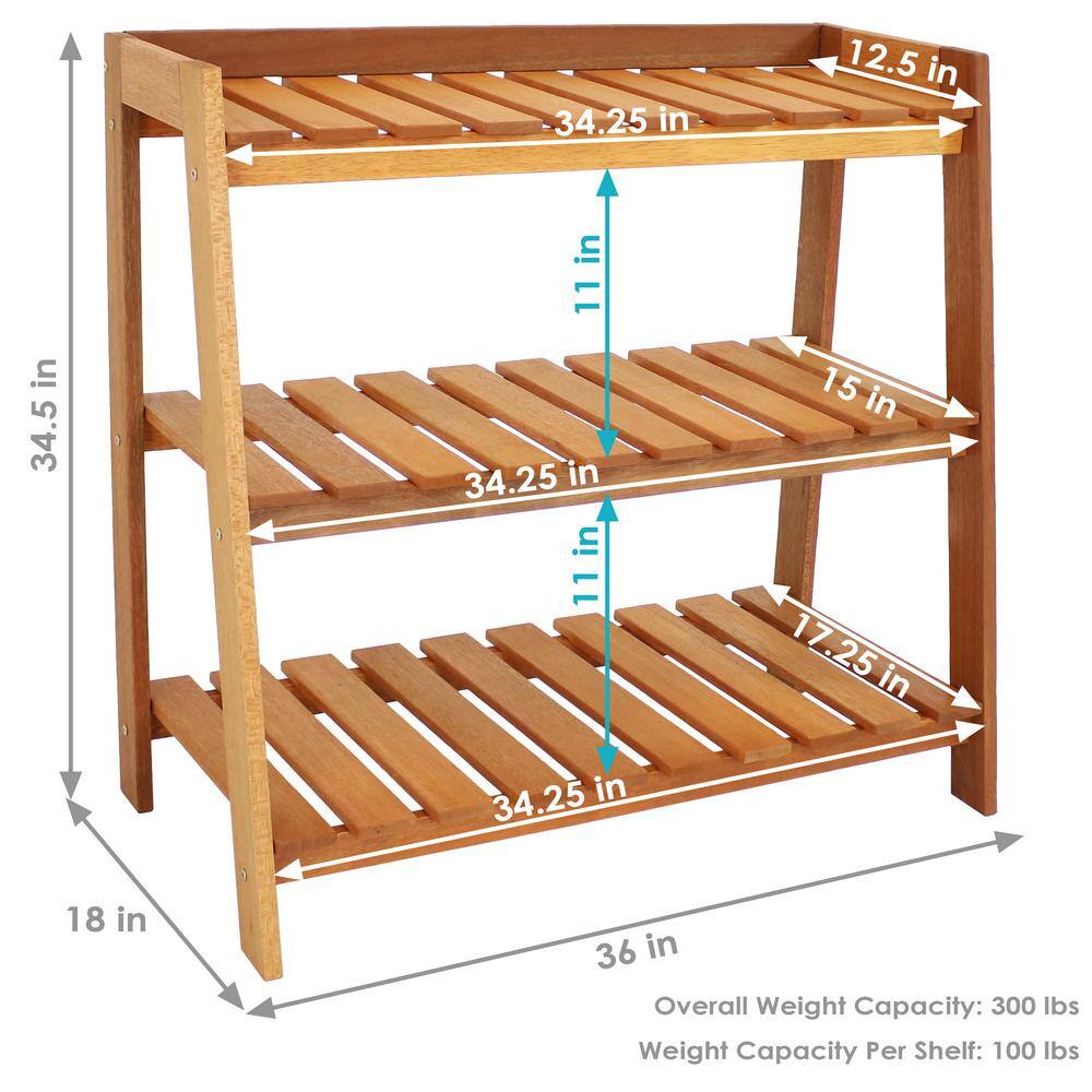 Brown Meranti Wood 3-Tier Outdoor Garden Shelf with Teak Oil Finish