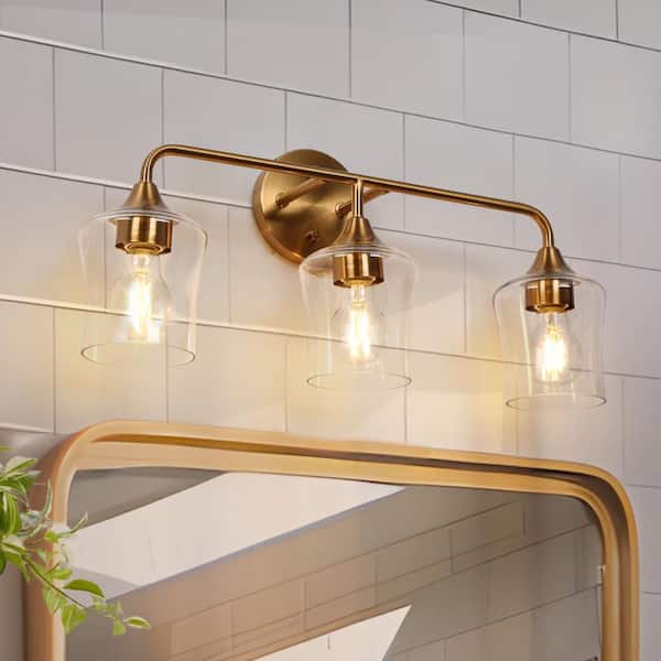 Zevni 22 in. Modern 3-Light Brass Vanity Light with Goblet Clear Glass Shade, Contemporary Wall Sconce for Bathroom