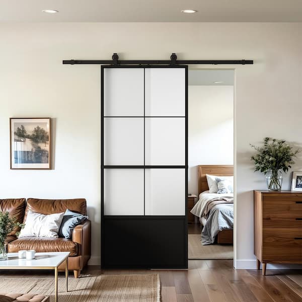 30 in. W. x 84 in. 3/4-lite Tempered Frosted Glass Black Steel Frame Sliding Barn Door with Soft Close and Hardware kit