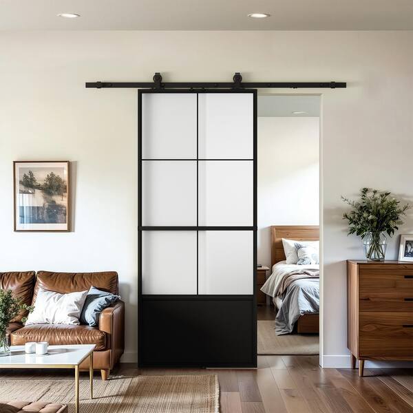 42 in. x 84 in. 3/4-Lite Tempered Frosted Glass Black Steel Frame Interior Sliding Barn Door with Hardware Kit