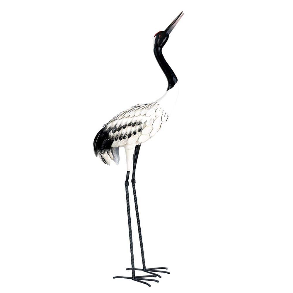 Set of 2 Tall Black-Necked White Iron Crane Garden Figurines