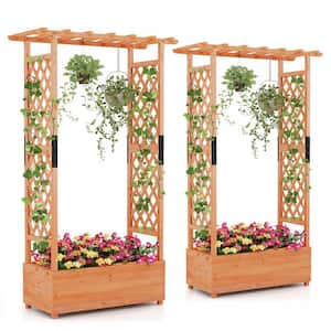 Orange Wood Outdoor Raised Garden Bed with Trellis with Hanging Roof for Garden Patio Yard(2-Pack)