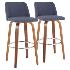 Toriano 29.5 in. Blue Fabric, Walnut Wood and Chrome Metal Fixed-Height Bar Stool (Set of 2)