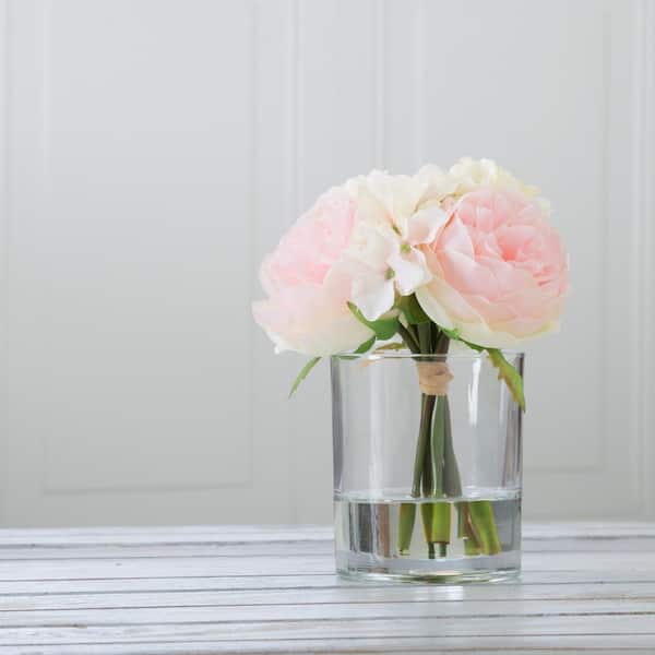 Pure Garden 7.5 in. Artificial Hydrangea and Rose Floral Pink and Cream Arrangement