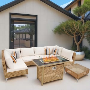 8-Piece Wicker Patio Conversation Set Sectional Sofa with 43 in. 60,000 BTU Propane Fire Pit and Beige Cushions