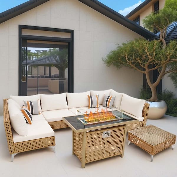 Zeus & Ruta 8-Piece Wicker Patio Conversation Set Sectional Sofa with 43 in. 60,000 BTU Propane Fire Pit and Beige Cushions