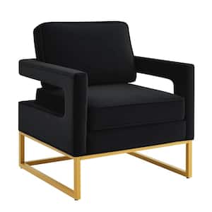 Black Elegant Velvet Accent Arm Chair Modern Upholstered Single Sofa Chair Open Back Reading Chair with Gold Metal Legs