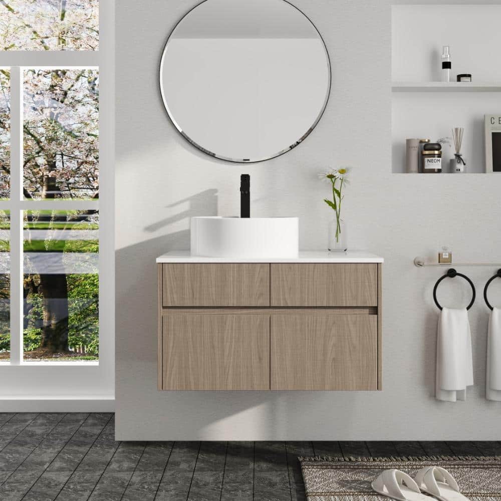 31.5 in. W x 18.1 in. D x 24 in. H Wall Mounted Bath Vanity in Walnut with White Ceramic Vanity Top price history on PriceWatchPro