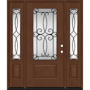 Regency 64 in. x 80 in. 3/4Lite Georgian Decorative Glass LHIS Chestnut Mahogany Fiberglass Prehung Front Door w/12inSLs