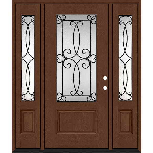 Steves & Sons Regency 68 in. x 80 in. 3/4Lite Georgian Decorative Glass LHIS Chestnut Mahogany Fiberglass Prehung Front Door w/14inSLs