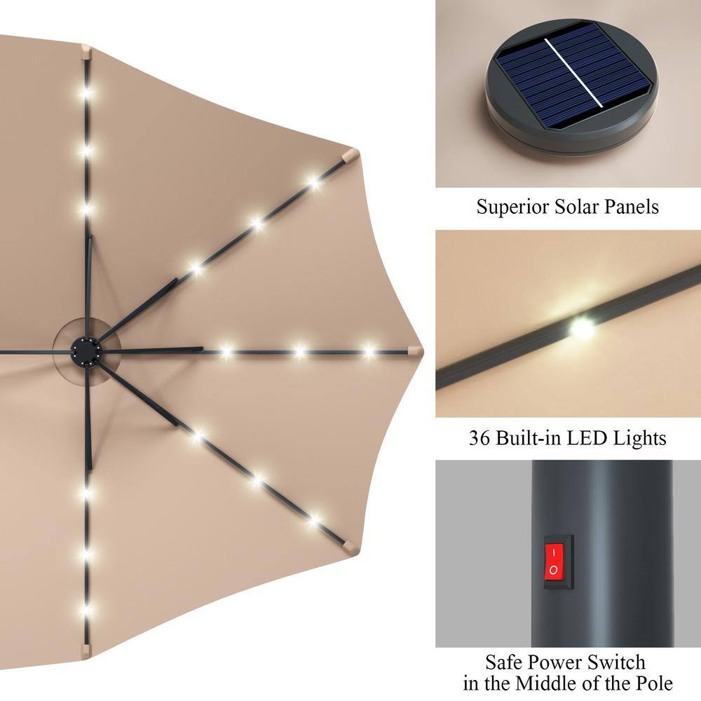 15' Beige Double-Sided Patio Umbrella with Solar LED Lights