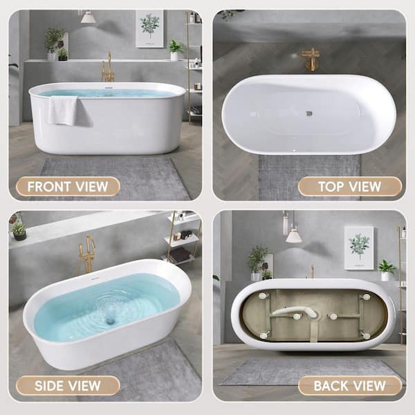 67 in. x 30.7 Oval Acrylic Tub Freestanding Soaking Bathtub with Center Chrome Drain in White Minimalist Design Bathtub