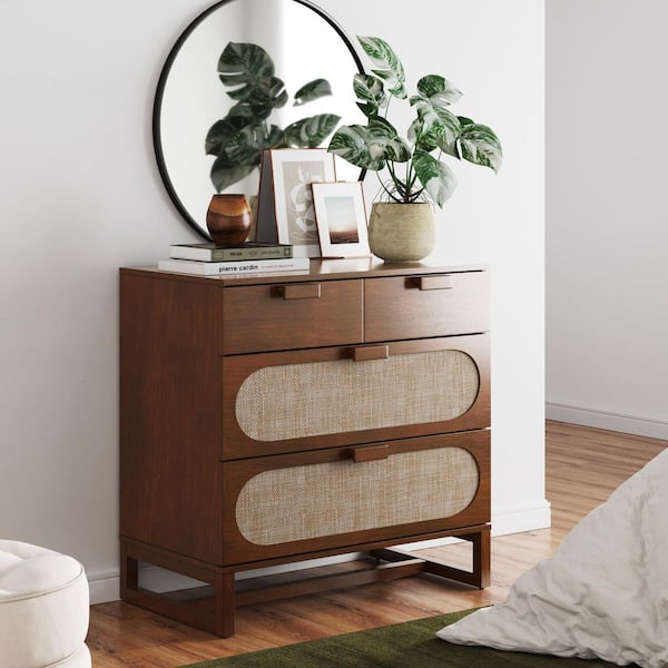 Paxton Dark Walnut 3-Drawer 31 in. Mid-Century Dresser with Solid Wood Legs and Synthetic Rattan Accent