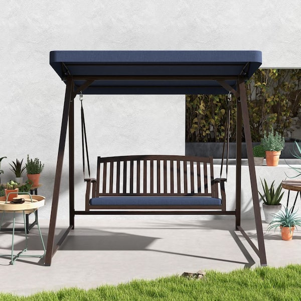 Mondawe 2-Person Dark Brown Metal Patio Swing A-Shaped Frame Outdoor Swing Chair with Adjustable Canopy and Cushion