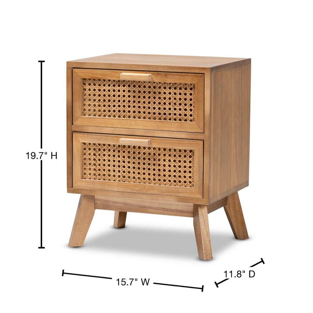 Walnut Brown Retro-Inspired 2-Drawer Rattan End Table