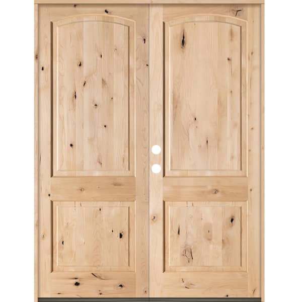 64 in. x 96 in. Rustic Knotty Alder 2-Panel Arch-Top Active Right Double Unfinished Wood Prehung Front Door