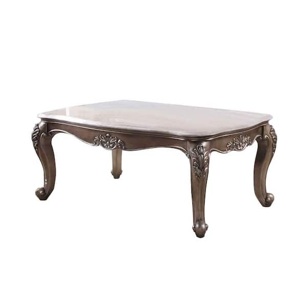 52 in. White and Gold Rectangle Marble Top Coffee Table