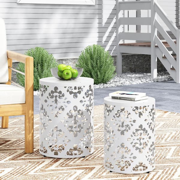Sudzendf White Cylindrical Iron Outdoor Side Table 2-Piece