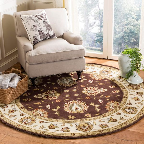 Total Performance 8 ft. x 8 ft. Brown/Ivory Floral Border Round Area Rug