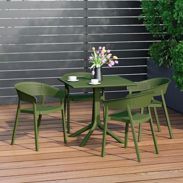 Frond and Form Modern Outdoor Patio Poly Plastic 5-Piece Square Table Dining Set w/ 4 Stackable Chairs in Olive Green