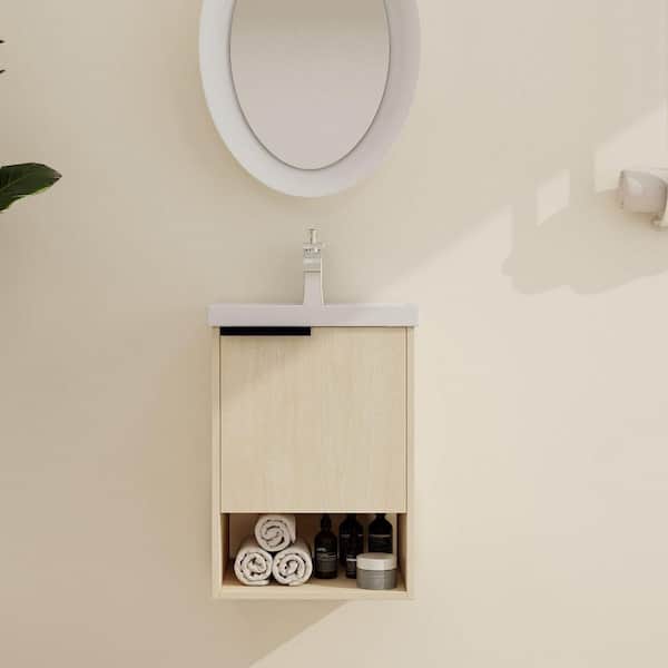 ARTCHIRLY 15.9 in. W x 14.2 in. D x 22.1 in. H Single Sink Wall-Mounted Bath Vanity in Light Brown with White Ceramic Vanity Top