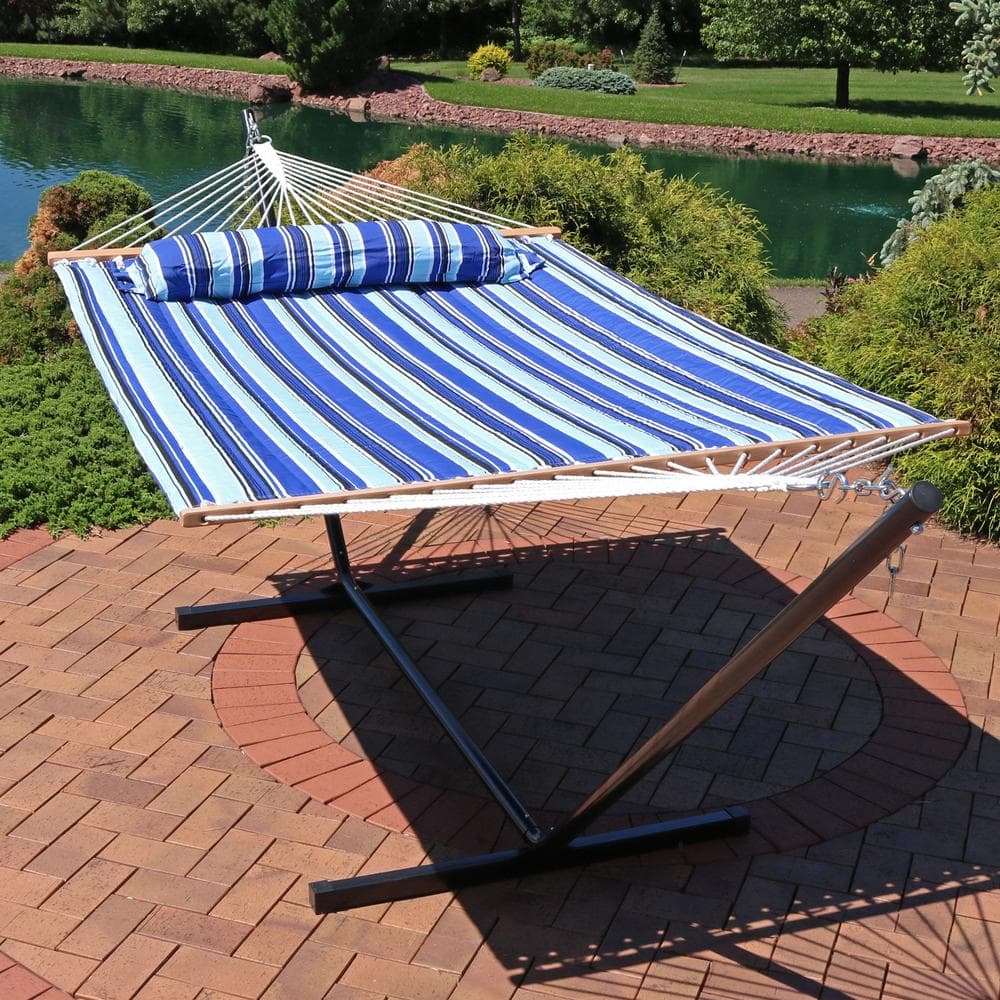 Catalina Beach Blue Quilted Polyester Hammock with 12ft Black Steel Stand