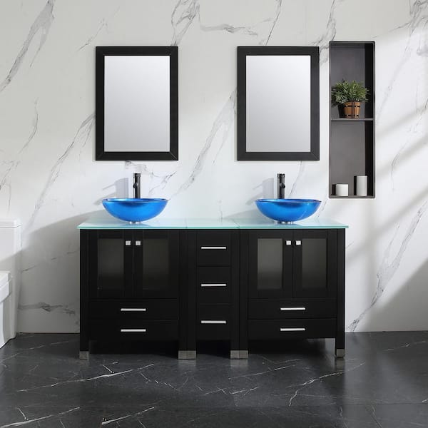 60.61 in. Double Foil Laminated Tempered Glass Blue Sinks Freestanding Black Bath Vanity with Green Tempered Glass Top