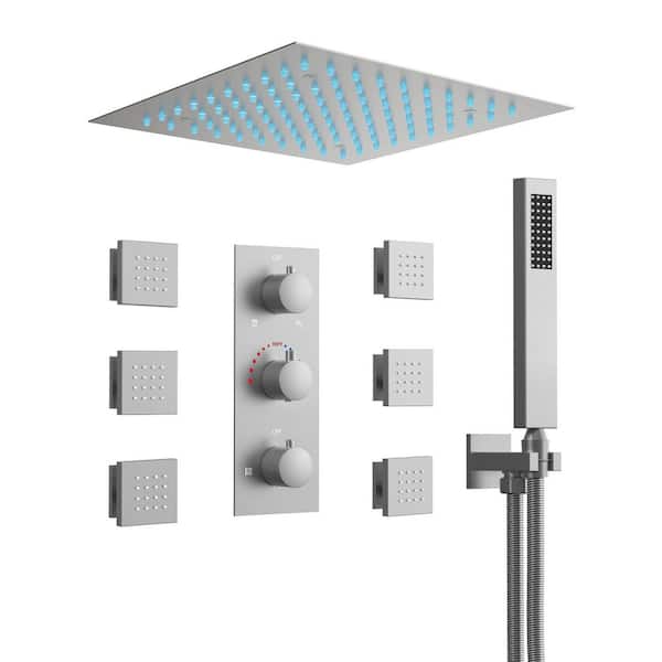 5-Spray Patterns LED Shower System 12 in. Ceiling Mount Dual Shower Heads Fixed Shower Head in Brushed Nickel 2.5 GPM