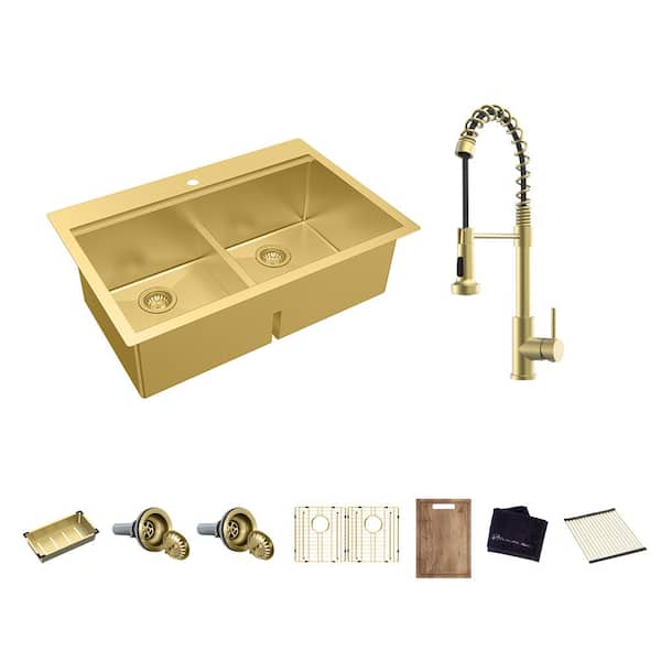 Glacier Bay 33 in. Drop-In Double Bowl 18-Gauge Gold Stainless Steel Workstation Kitchen Sink with Spring Neck Faucet