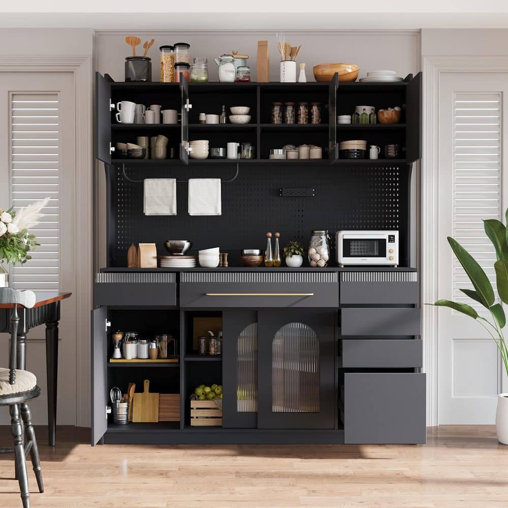 Multifunctional Wood Black Kitchen Pantry Organizer with Sliding Glass Doors Buffet, 6 Adjustable Shelves, 6 Drawers