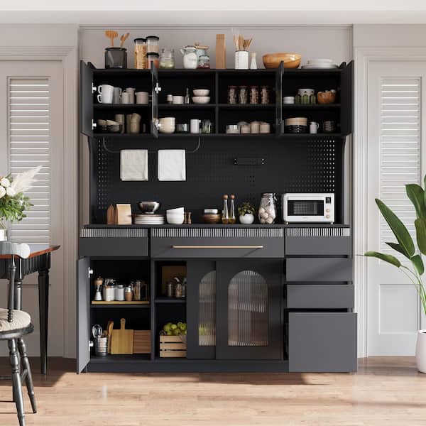 Harper & Bright Designs Multifunctional Wood Black Kitchen Pantry Organizer with Sliding Glass Doors Buffet, 6 Adjustable Shelves, 6 Drawers