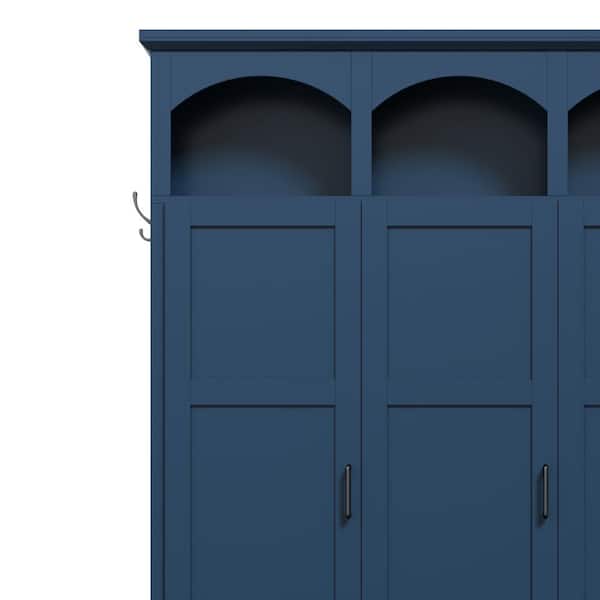 UOI Blue MDF Hall Tree with Arched Farmhouse Design, 3 Hidden