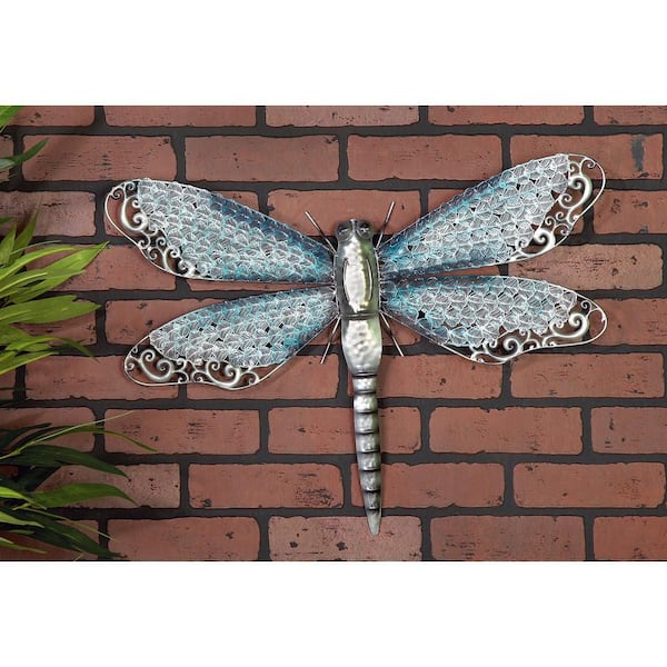 Litton Lane 25 in. x  16 in. Metal Blue Indoor Outdoor Dragonfly Wall Decor