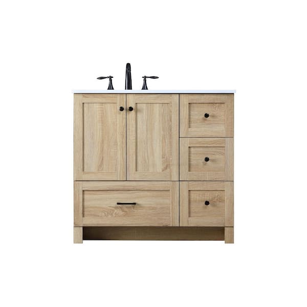 36 in W x 19 in. D x 34 in H Single Sink Bath Vanity in Mango Wood with Ivory White Engineered Marble Top