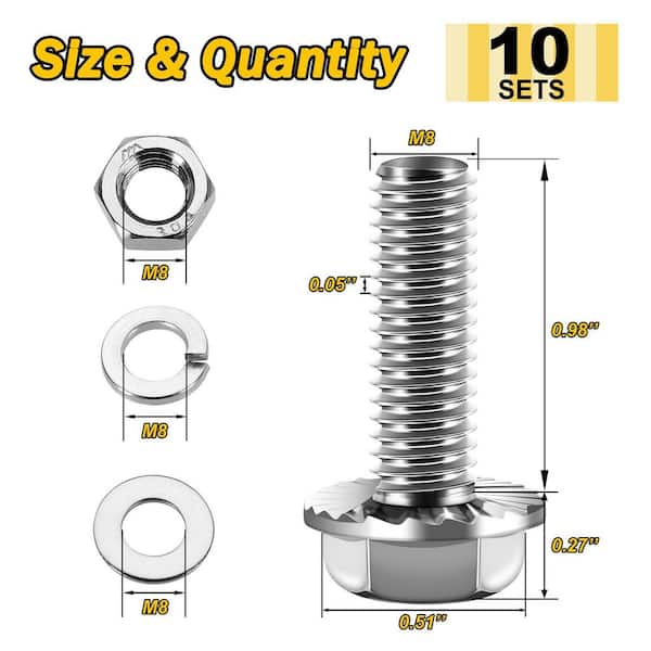 M8 x 25 mm Uncoated Flange Bolt with Nuts and Washers (10-Pack)