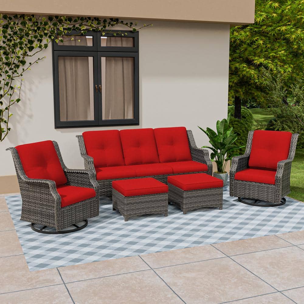 5-Piece Wicker Extra-Wide Arm Outdoor Patio Conversation Sofa Set with Red Cushions price history on PriceWatchPro
