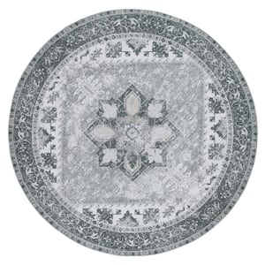 Tuscon Gray/Ivory 6 ft. x 6 ft. Machine Washable Border Distressed Round Area Rug