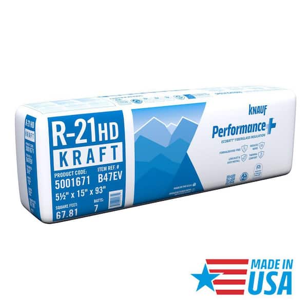 R21 Kraft Faced 15 in. x 93 in. Precut Fiberglass Insulation Batts for Floor, 2x6 Wall - Sound-Reducing USA Made (1-Bag)