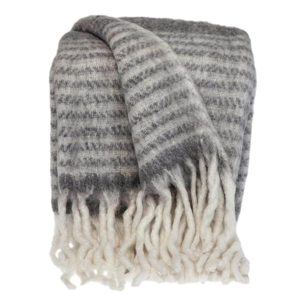 Gray and White Wool Handloom Throw Blanket, 52" x 67"