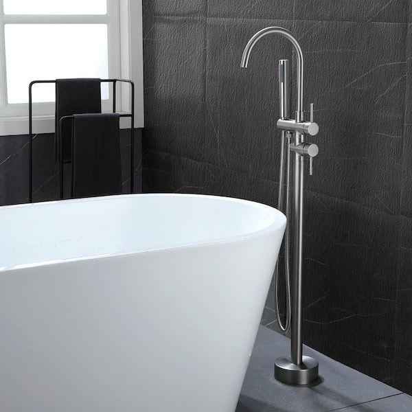 Qiu 2-Handle Freestanding Floor Mount Roman Tub Faucet Bathtub Filler with Hand Shower in Brushed Nickel