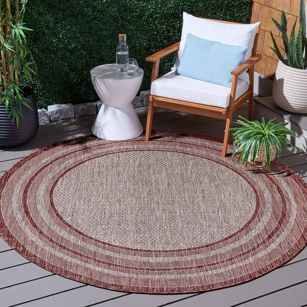 Courtyard 5 x 5 Gray/Red Border Round Rug