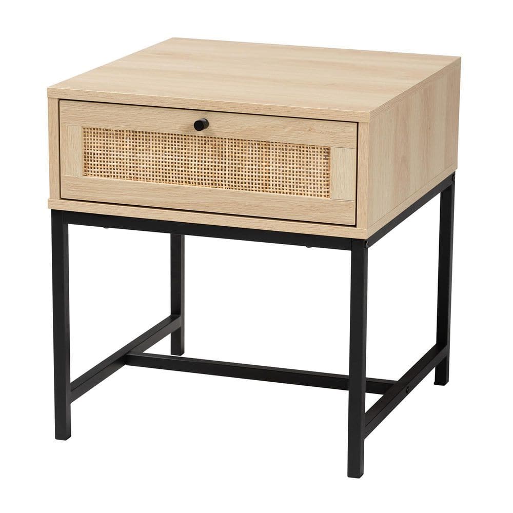 Baxton Studio Caterina 1-Drawer Natural Brown and Black Nightstand 21.7 in. H x 19.7 in. W x 19.7 in. D