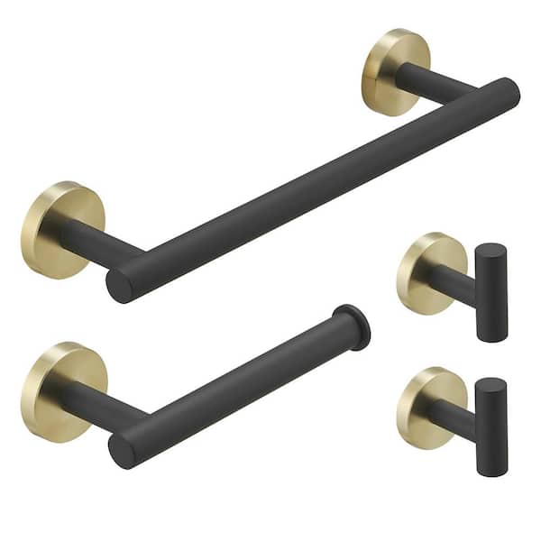 BWE 4-Piece Bath Hardware Set with Towel Hook and Toilet Paper Holder and Towel Bar Wall Mount Accessory Set in Black Gold