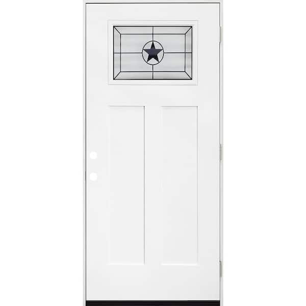 36 in. x 80 in. Legacy Series Alamo Toplite Decorative Glass White Primed RH Outswing Fiberglass Prehung Front Door