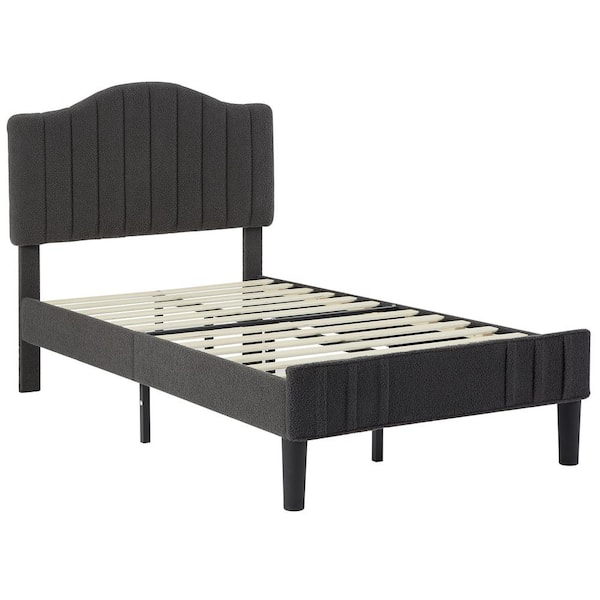 VECELO Upholstered Bed Frame with Sheepskin Fabric Adjustable Headboard Twin Size Platform Bed, Gray
