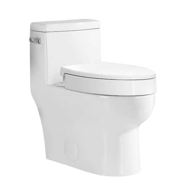 (1-Piece) 1.28 GPF Single Flush Compact Elongated Toilet in White with 3 in. Toilet Seat Riser with Lid